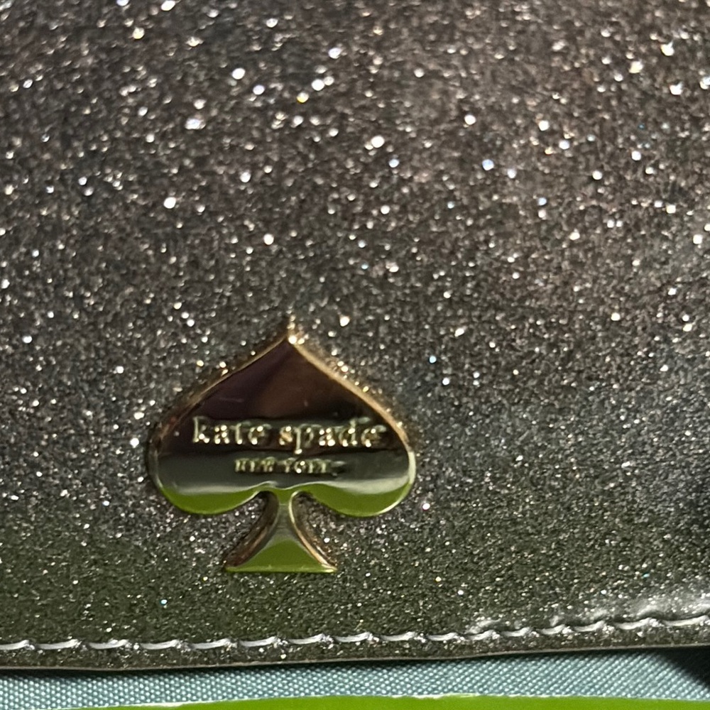Kate Spade Glitter Bifold Wallet Silver Black Spade Logo with Care Card NWT - Picture 2 of 5